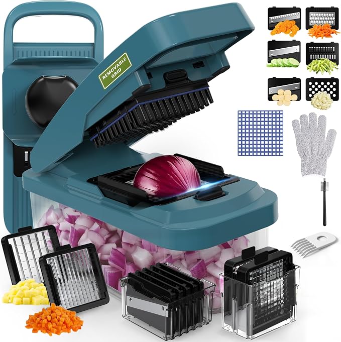 Multifunctional Vegetable Chopper & Mandoline Slicer, Veggie Chopper | Removable Grid ,8 Interchangeble Blades, Onion Chopper, Easy to Clean, Dishwasher Safe, Fruit Slicer Onion Dicer