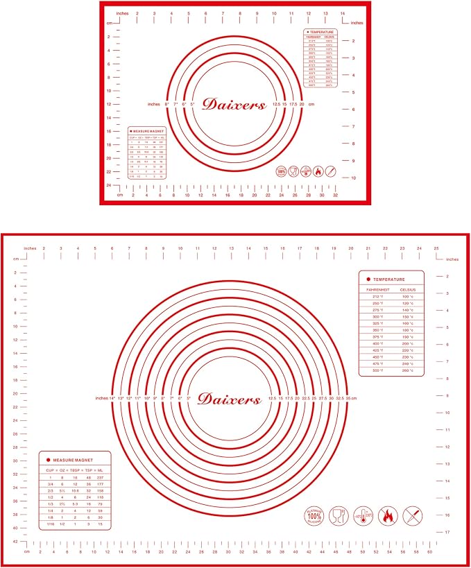 Silicone Baking Mats Set of 2,Extra Large 28" x 20" Small 16" x 12" Non Stick Non Skid Pastry-Mat with Measurements (Red)