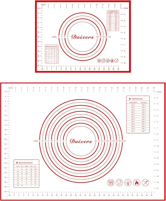 Silicone Baking Mats Set of 2,Extra Large 28" x 20" Small 16" x 12" Non Stick Non Skid Pastry-Mat with Measurements (Red)