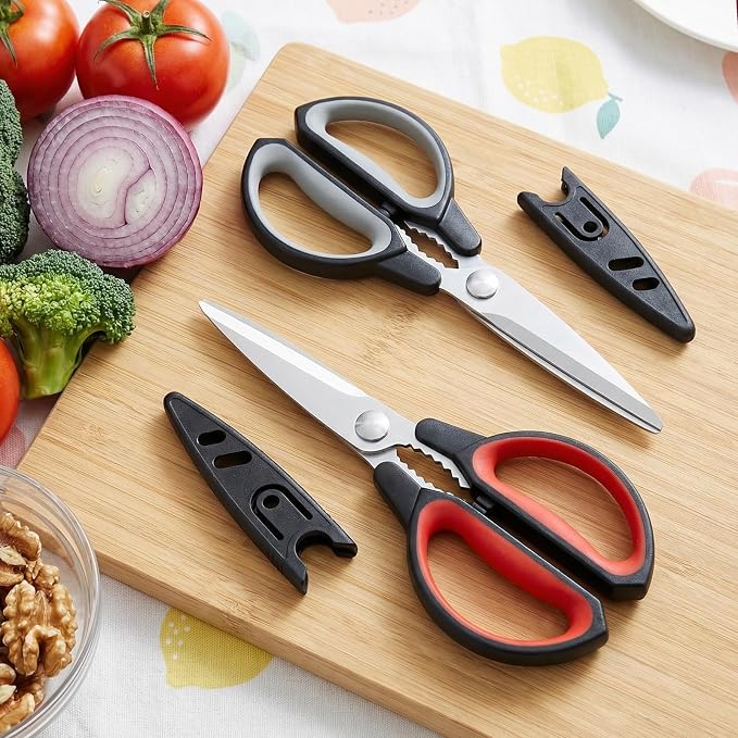 Kitchen Scissors, Multipurpose Kitchen Shears with Cover, Sharp Stainless Steel Blades and Comfort-Grip Handles for Cooking, Food & Packaging, 2-Pack, Black Gray & Black Red