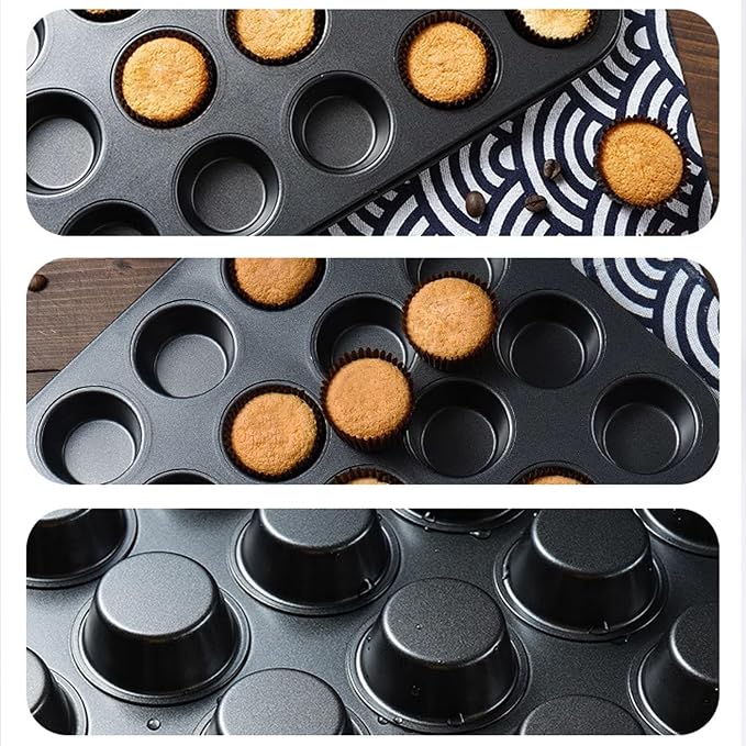 Nonstick 24 Cups Mini Muffin Pan with Extended Handles for Easy Grip, Carbon Steel Steel to Promoted Even Baking, Dishwasher Safe (Black)