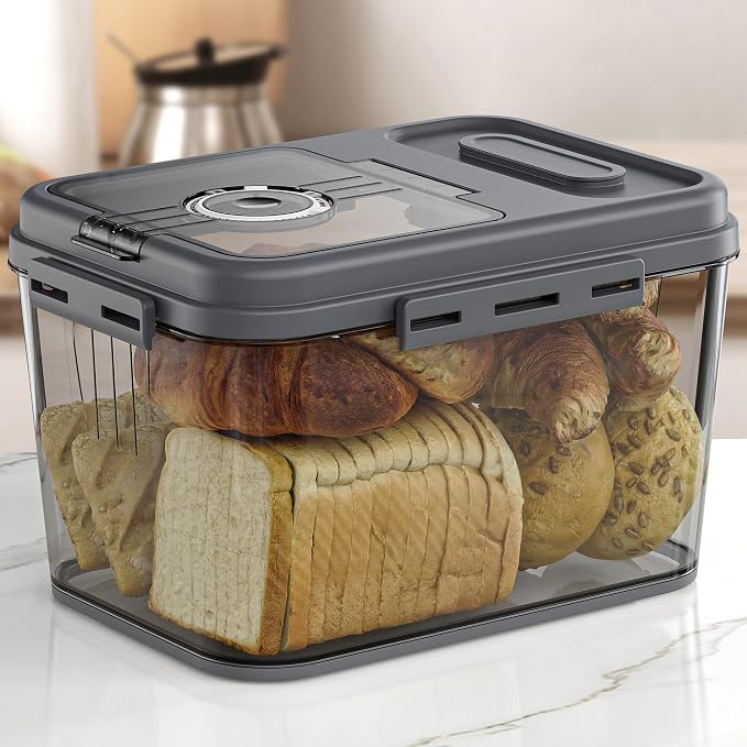 Olimingse Bread Box, 10L Gray Airtight Braed Storage Container, Bread Box For Kitchen Countertop, Time Recording Bread Keeper with Lid, Flip-Top Bread Holder.