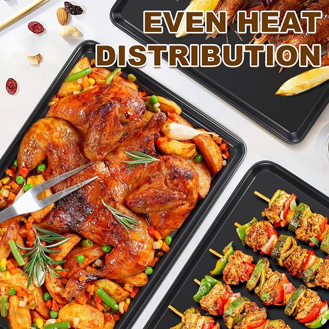 Baking Sheet Pan Set of 3, Nonstick Commercial Cookie Sheets for Baking | Commercial Half/Quarter/Jelly Roll Pans Replacement Toaster Oven Tray, Heavy Duty & Easy Clean
