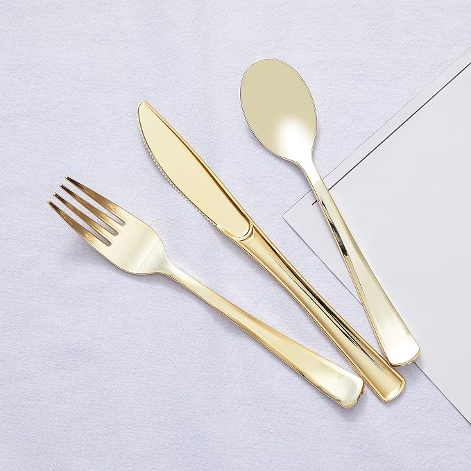 100PCS Gold Plastic Silverware, Heavy Duty Disposable Utensils/Cutlery | 50 Forks, 25 Spoons, 25 Knives, Elegant, BPA-Free, for Party, Wedding, Birthday & Everyday Use