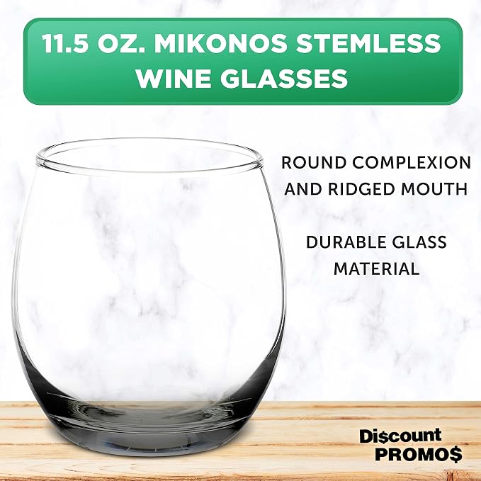 DISCOUNT PROMOS Mikonos Stemless Wine Glasses 11.5 oz. Set of 10, Bulk Pack - Restaurant Glassware, Perfect for Red Wine, White Wine, Cocktails - Black Bottom Color