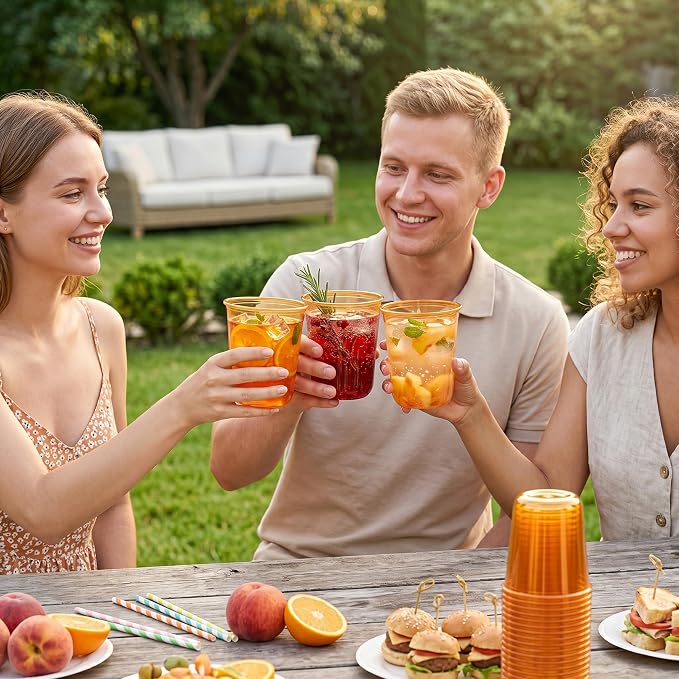 WELLIFE 200 Pcs 12 oz Clear Orange Plastic Cups | Disposable Cocktail Glasses Stemless Wine Punch Cups for Cold Drinking Party Supplies Graduation Halloween Thanksgiving Day