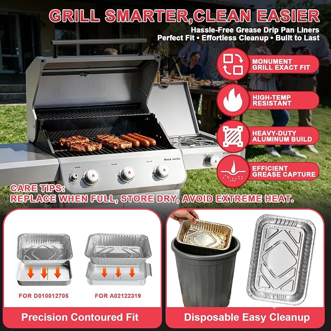 Universal Grease Drip Pans for Monument Grills Aluminum Grease Tray Liners | Fits Monument 24367 24633 35633 25392 41847NG 17842 14633 ect Gas Grill Parts, replace #D010012705, #A02122319, 20 pcs