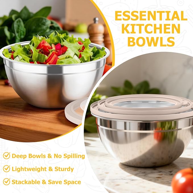 TeamFar Mixing Bowls with Lids, 4.5/3/1.5 QT Stainless Steel Nesting Bowls | Salad Bowls with Airtight Lids, For Serving/Mixing/Storing/Prepping, Healthy & Sturdy, Visible & Easy Clean, Khaki, Set of 3
