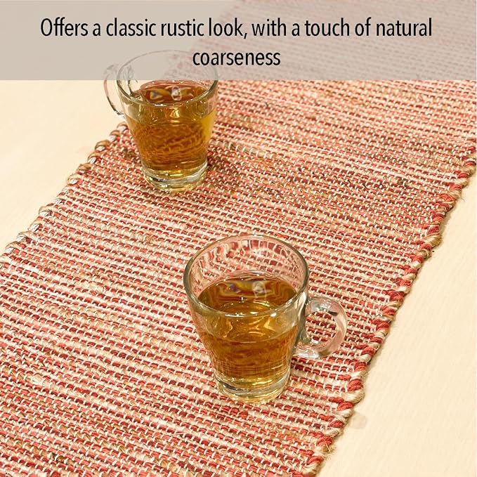 Natural Jute Table Runner 13x72 Inch – Vintage Boho Rustic Table Decor – Handwoven Table Runner in Natural Jute and Rust Orange – Farmhouse Dining or Console Table Accent