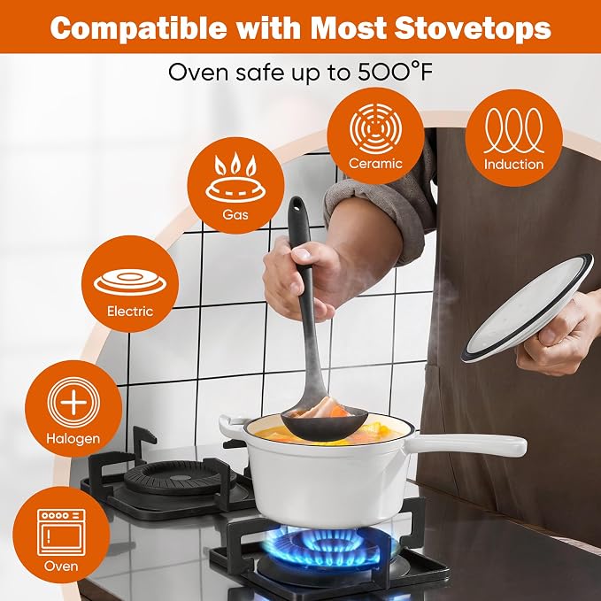 Homikit 1 QT & 2 QT Saucepan Set, Enameled Cast Iron Saucepan with Lid for All Cooktops, Small Pot Mini Dutch Oven for Kitchen Cooking, Boiling, Nonstick & Heavy Duty, White