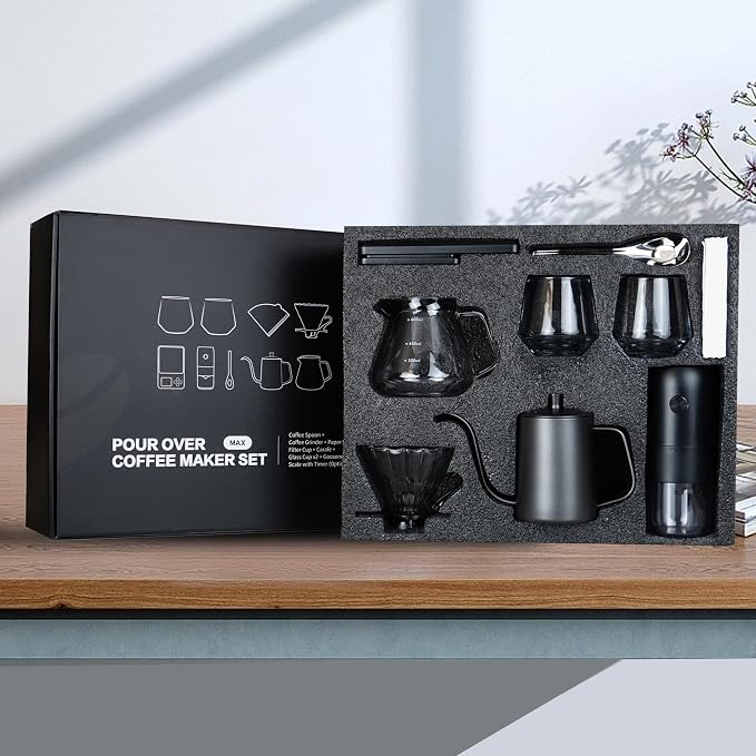 All in One Pour Over Coffee Set, Electric Coffee Grinder and Coffee Scale | Pour Over Coffee Maker Set with Coffee Carafe and V60 Filter, Camping Travel Coffee Maker Set, Ideal Birthday Gift Set