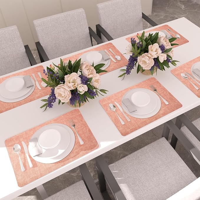 Maxpearl Faux Leather Placemats Set of 6, Easy to Clean, Peachy Pink | Waterproof - Heat Resistant - Non Slip - Wipe Clean Dining Table Place Mats, Suitable for Indoor & Outdoor Use, 17''×12''