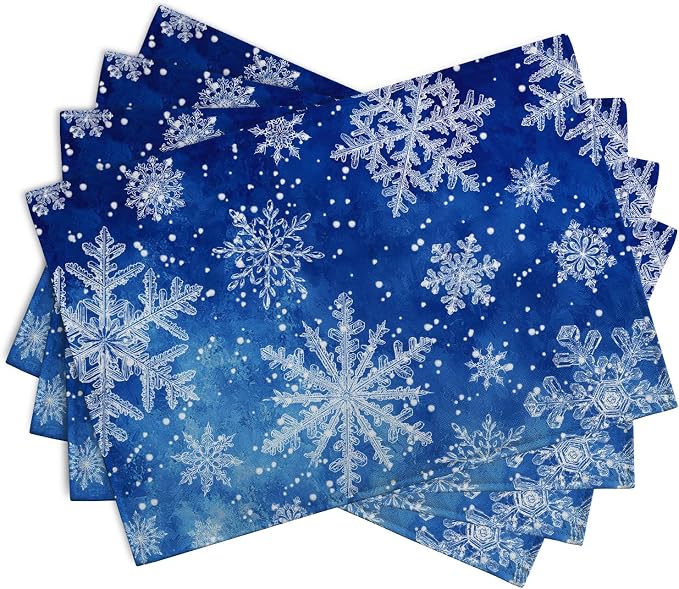 Winter Blue Snowflake Placemats Set of 4 Merry Christmas Snowflakes Linen Fabric Table Mats Seasonal Xmas Holiday Washable Place Mats for Party Kitchen Dining Outdoor Indoor Decor