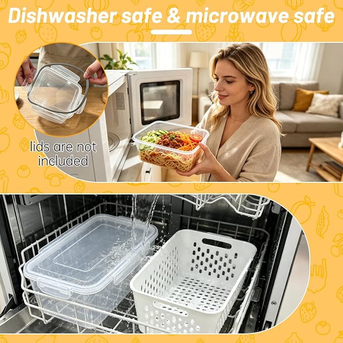 3 Pack Fruit Storage Containers for Fridge with Removable Colander | 3 BPA-free produce storage containers with colanders, airtight lids and stackable design for fruits and vegetables.