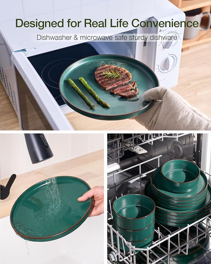 Famiware Nebula Ridge 24-Piece Dinnerware Set with Pasta Bowls, Dark Green | Stoneware Plates and Bowls for 6, Warm Hand-Painted Rims, Microwave and Dishwasher Safe