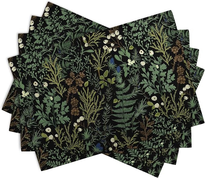 Black Sage Green Leaves Placemats Set of 4 Vintage Botanical Fern Leaf Floral Place Mats Farmhouse Heat Resistant Washable Kitchen Dining Linen Table Mats for Home Party Decor 12x18 Inch