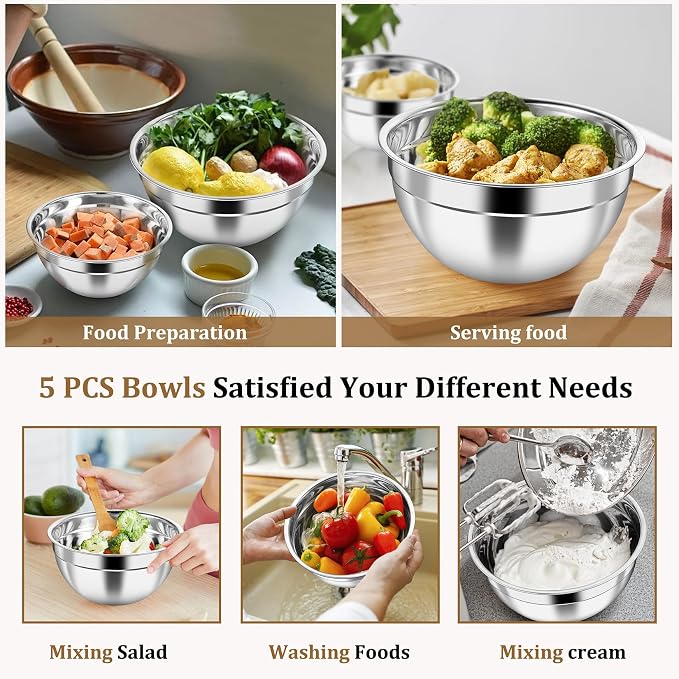P&P CHEF Metal Mixing Bowls with Lids Set, Visible Airtight Lids & Khaki | 5 PCS Stainless Steel Mixing Nesting Bowls for Kitchen Prepping, Storing, Healthy & Easy Clean, Size 4.6, 3, 1.5, 1, 0.7 QT