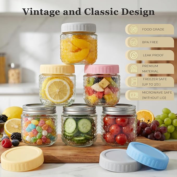 CycleMore 8 oz Mason Jars, 15 Pack Hobnail Design Canning Jars with Silver Metal & Colorful Plastic Lids, Glass Storage Jars for for Storing, Jam, Pickling, Crafts, Home Decor & DIY Gifts