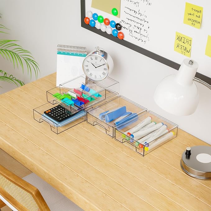 4 Pack Small Clear Stackable Storage Drawers,2.2'' Tall Desk Organization and Storage,Plastic Office Supply Organizer,Acrylic Storage Containers for Makeup,Hair Clip,Accessory,Pen,Art Crafts