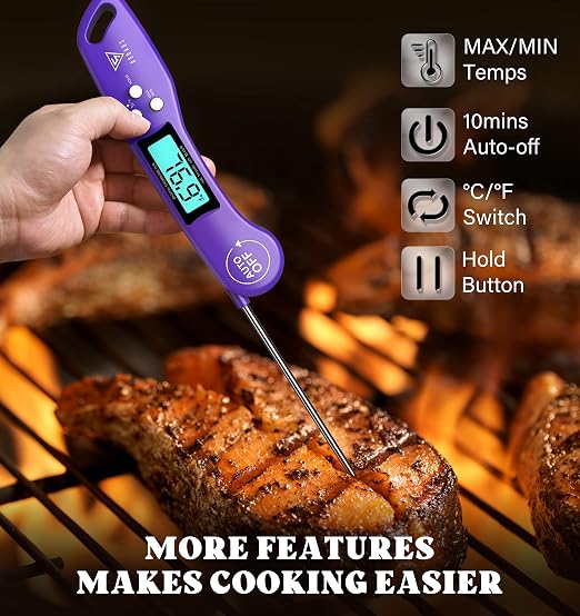 DOQAUS Meat Thermometer – Temperature Dial Thermometers for Cooking Backlight & Auto-Rotating Display, Kitchen Gadgets Essentials for BBQ Oven Grill Smoker Candy Purple