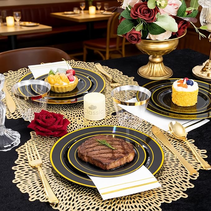 GATHER 350PCS Black Plastic Plates with Gold Rim for Wedding Party | Black and Gold Disposable Dinnerware Set include 100 Plates, 150 Silverware, 50 Napkins, 50 Cups for Birthday Retirement