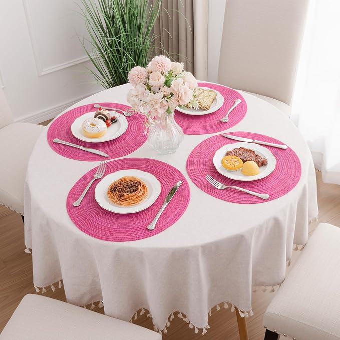 SHACOS Round Braided Placemats Set of 6 Cotton Polyester Woven Place Mats 15 inch Washable Table Mats for Kitchen Dining Tables (Hot Pink, 6)