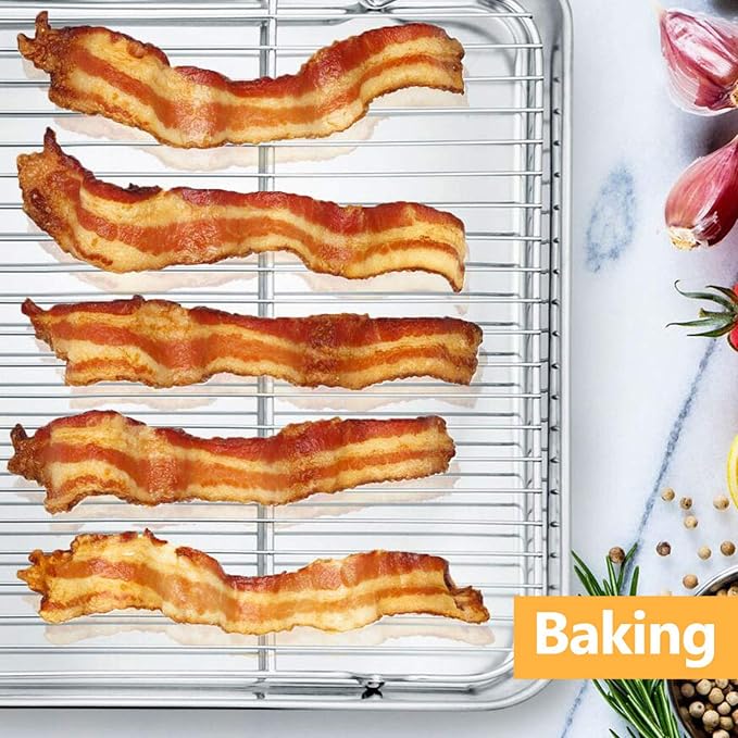 Baking Cooling Rack Set of 2, E-far 16.5"x11.5" Stainless Steel Metal Roasting Cooking Racks, Fits in Half Sheet Cookie Pans, Non Toxic & Rust Free, Oven Proof & Dishwasher Safe