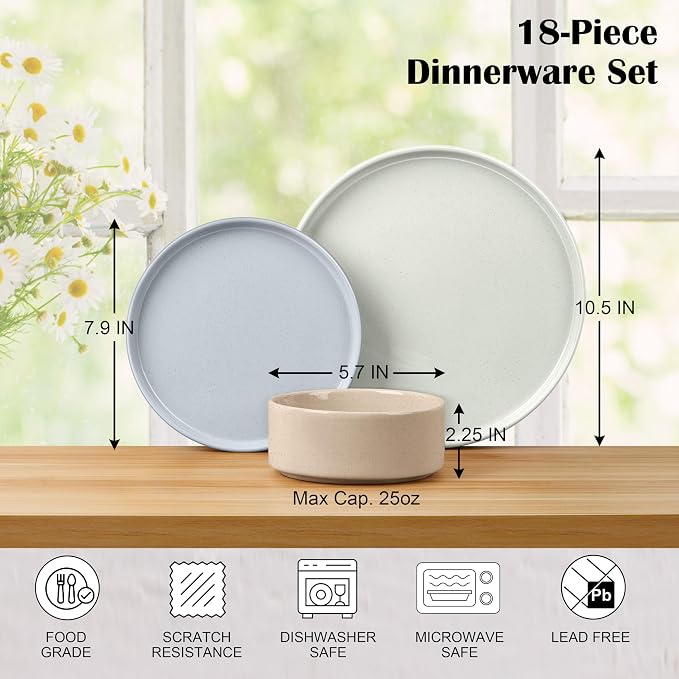 E-far Dinnerware Sets for 6, 18-Piece Stoneware Plates and Bowls Sets | Modern Kitchen Dining Dishware, Chip and Scratch Resistant, Microwave & Dishwasher Safe, Speckled Multicolor