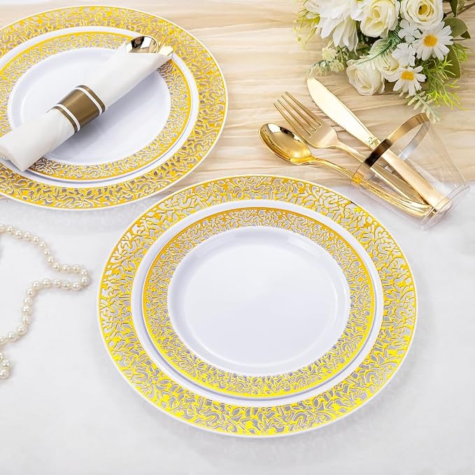 WELLIFE 350Pcs Gold Dinnerware Sets, Plates and Napkins Party Supplies Include:50 Dinner Plates, 50 Dessert Plates, 50 Paper Napkins, 50 Cups, 50 Gold Plastic Cutlery Set