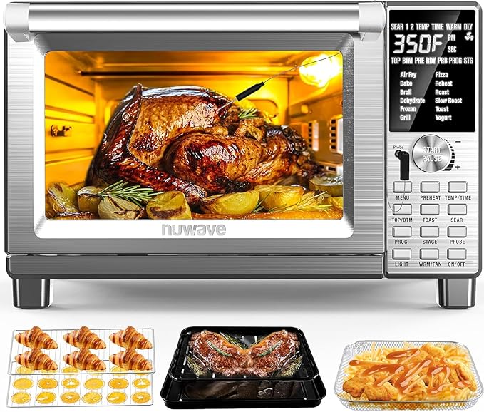 Nuwave Bravo Air Fryer Toaster Smart Oven, 12-in-1 Countertop Convection | 30-QT XL Capacity, 50°-500°F Temperature Controls, Top and Bottom Heater Adjustments 0%-100%, Brushed Stainless Steel Look