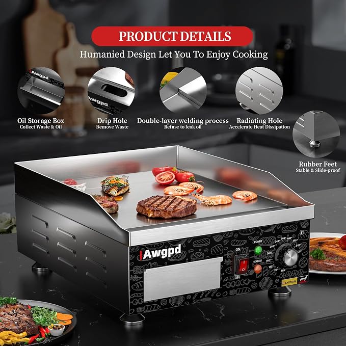 14" Commercial Electric Griddle,Electric Countertop Flat Top Griddle | 110V 1800W Electric Flat Top Grill,Non-Stick Restaurant Teppanyaki Stainless Steel Grill,Adjustable Temperature Control