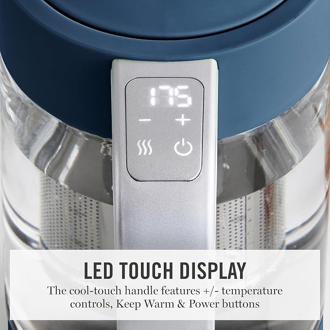 Martha Stewart 1.7L Glass Carafe Electric Kettle with Removable Tea Infuser | 7 Cups, 4 Presets, Rapid Boiling, Stainless Steel Tea Leaf Infuser, Cordless Swivel Base, Keep Warm, Auto Shut-Off, Indigo
