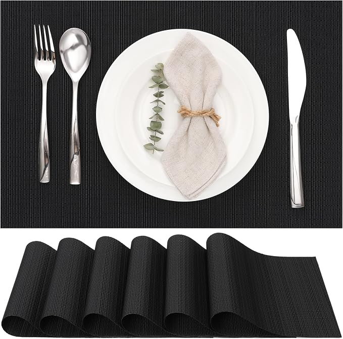 Myir JUN Placemats Set of 6 Kitchen and Dining Table Placemats | Vinyl Placemats Place Mats Indoor/Outdoor Set of 6 Washable Table Mats Non-Slip Place mats for Dining Table, Black