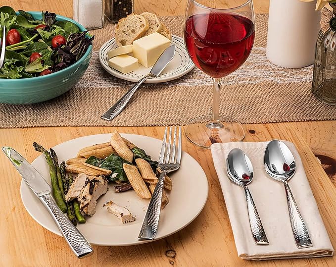 Hudson Essentials 60-Piece Hammered 18/10 Stainless Steel Silverware Cutlery Set, Flatware Service for 12