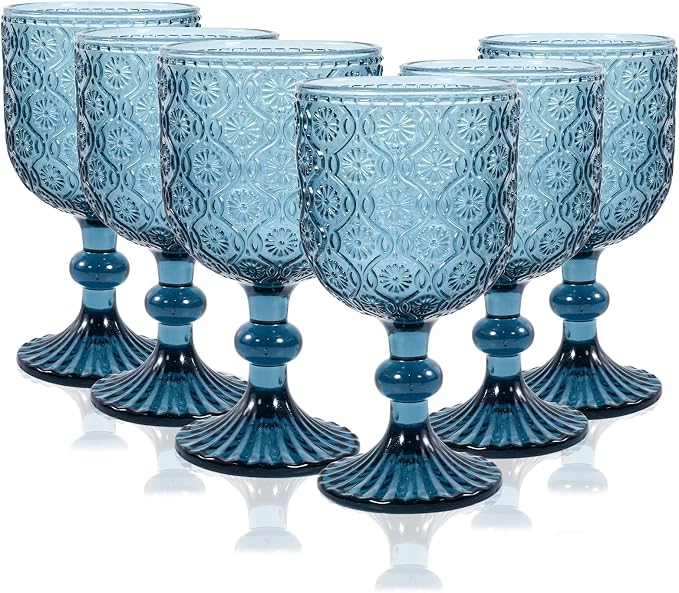 CHLJAR Colored Wine Glass Goblet Set of 6, 14 oz Blue Goblets Glassware, Blue Vintage Glassware for Weddings, Parties, Restaurants, Family Gatherings, Bars, Cafeterias, Dishwasher Safe