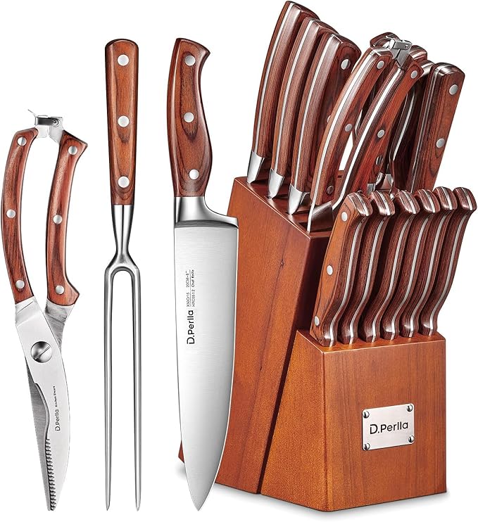 Kitchen Knife Set, 16 Pcs Stainless Steel Knife Block Set with Wood Handle | Kitchen Knife Set with Sharpener, Professional Poultry Shears, Razor Sharp, Rust Resistant, Elegant Gift for Home Chefs