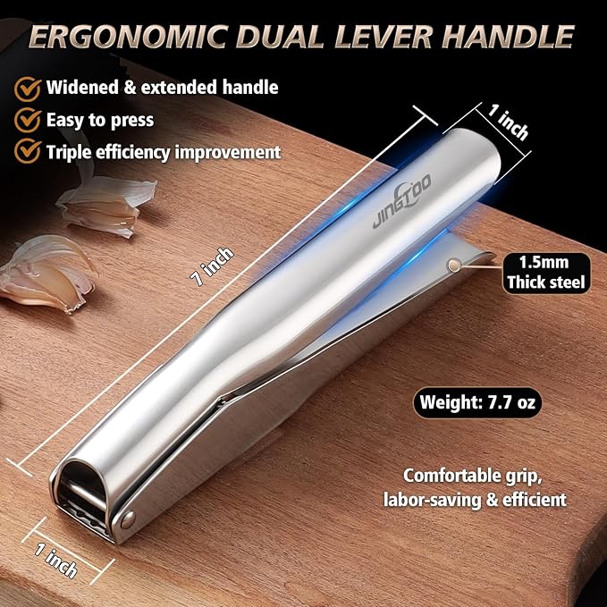 Garlic Press Stainless Steel, Premium Garlic Mincer No Need to Peel | Garlic Crusher & Ginger Masher, Large Trough, Ergonomic Handle, Easy Squeeze, Rust Proof, Dishwasher Safe, 5 Years Warranty
