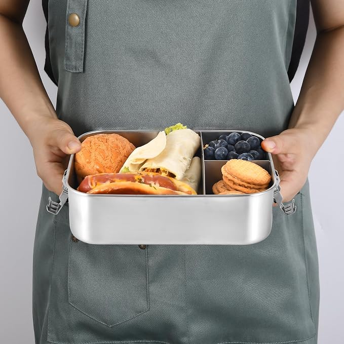 UPTRUST Stainless Steel Bento Lunch Box, 3-Compartment Large 1400ML Metal Bento Box for Kids or Adults, Container with Lockable Clips to Leak Proof