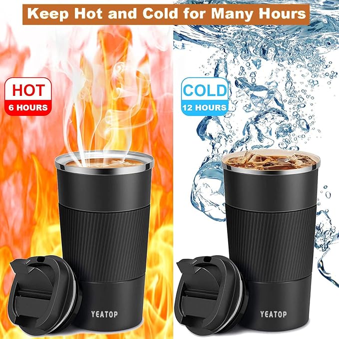 Coffee Mug 16oz - Insulated Travel Coffee Mug Spill Proof, Stainless Steel Vacuum Thermal Coffee Cup with Leakproof Lid Double Wall Coffee Tumbler for Hot/Iced Beverage -Black,510ml