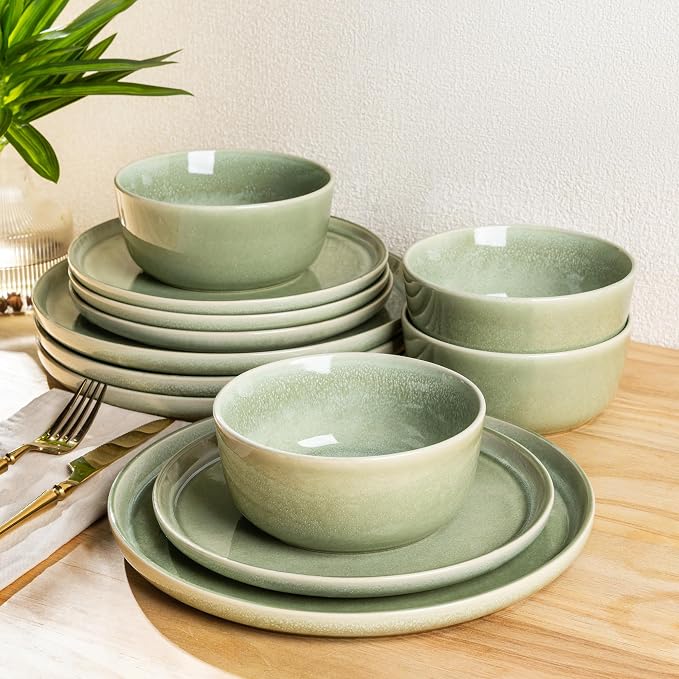 AmorArc Stoneware Dinnerware Sets for 6, 18Pcs Plates and Bowls Sets Dishes | Ceramic Round Reactive Glaze Dishes Set, Highly Scratch Resistant | Dishwasher & Microwave Safe Dishware