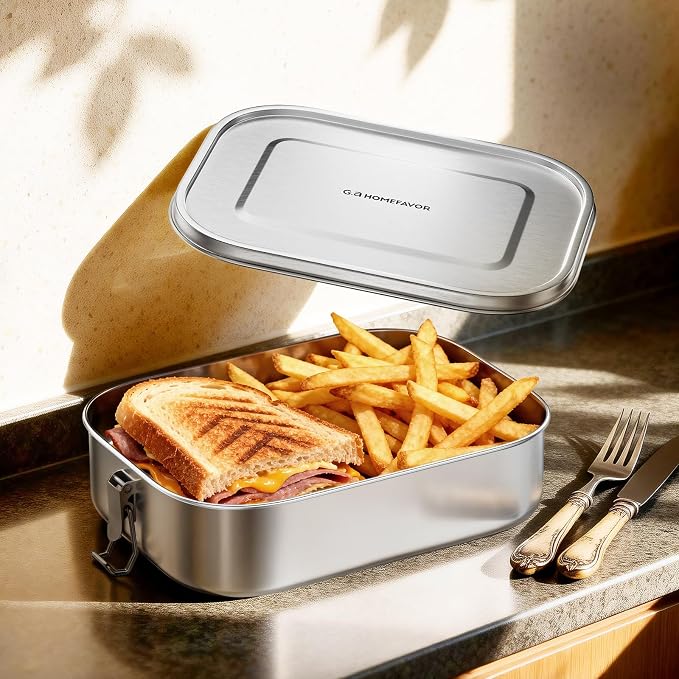 G.a HOMEFAVOR Stainless Steel Bento Lunch Box, 1600 ml/54 oz | Leak-Proof, Dishwasher Safe, BPA-Free, with Lock Clips, Meal Prep, Large Food Container, for Adults