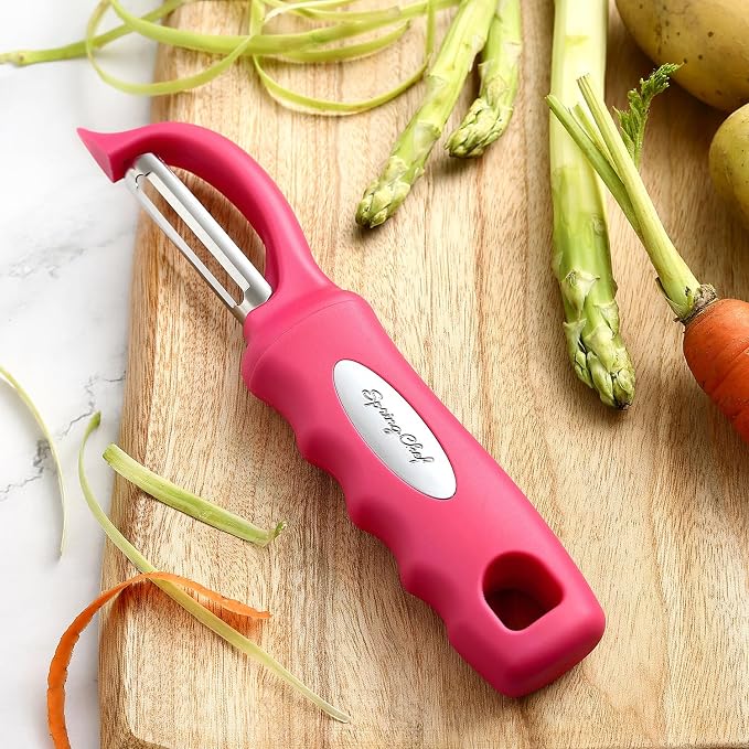 Spring Chef Swivel Vegetable Peeler for Kitchen w/Soft Grip Handle, Pink | Premium Potato Peeler w/ Ultra Sharp Stainless Steel Blades, Multifunctional Veggie Peeler for Apple, Carrot, Cucumber, Fruit