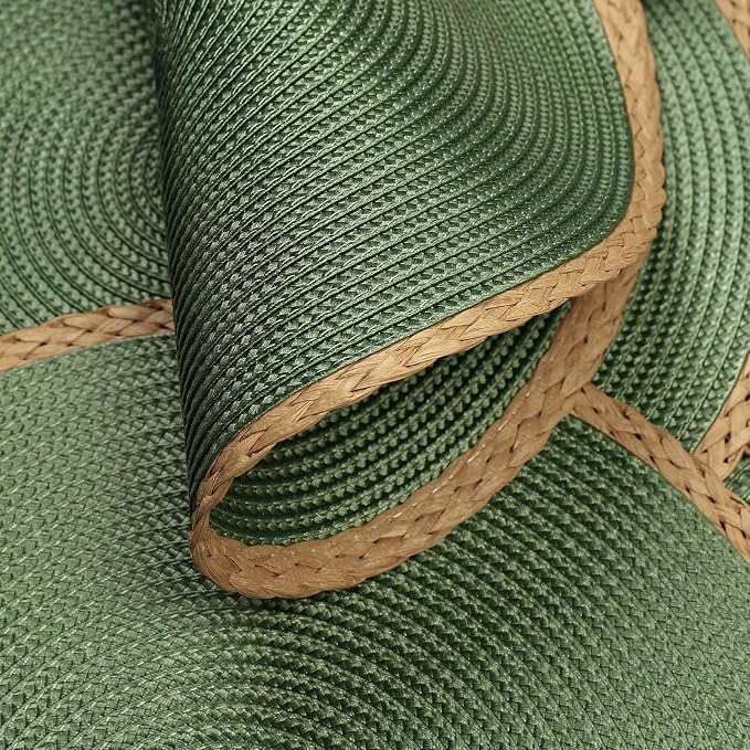 Round Placemats Set of 8, Woven Table Mats, Thin Edge, Green | Braided Paper Edge, 15 Inch Diameter, Fits Dinner Plate and Flatware, Wipeable, Heat Resistant, Indoor Dining, Outdoor Patio