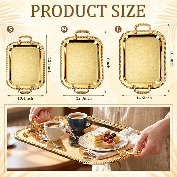 3 Pack Metal Serving Trays with Handles, Decorative Floral Platter Trays for Coffee Tea, Food, Dessert, Jewelry, for Buffet Wedding Party Kitchen Home Decor(Lovely,Silver, Gold)