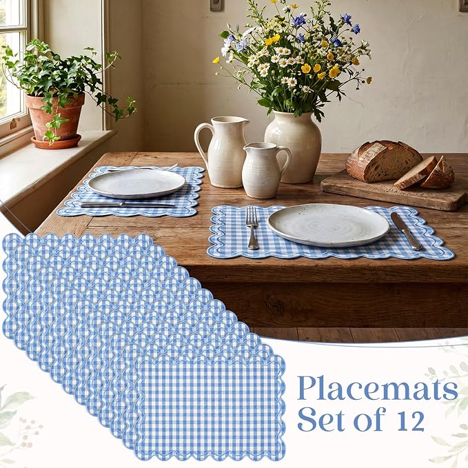 Linen Placemats Set of 12 Scalloped Placemat 13 X19 Wavy Embroidery Double Layered Washable Farmhouse Dinner Fabric Table Mat Napkin for Wedding Party Restaurant(Plaid,Sky Blue)