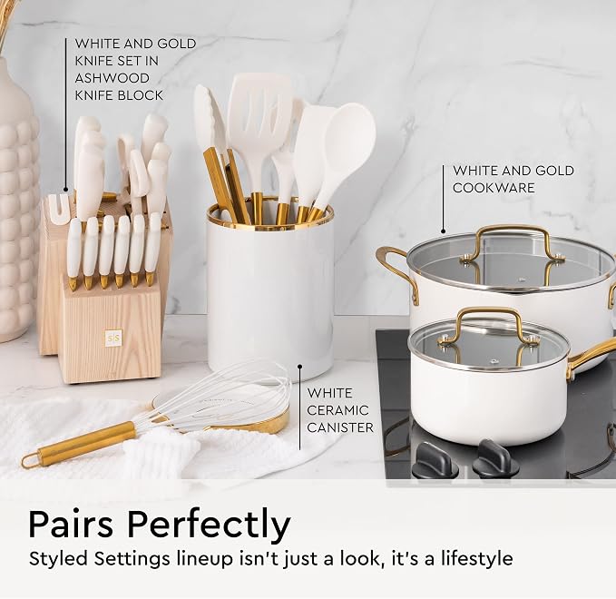 Gold Kitchen Utensils Set – 6 PC White Silicone and Gold Cooking Utensils with Spatula, Whisk, Tongs, Spoons, Cooking Tools for Nonstick Cookware – Luxury Kitchen Accessories for Home Chefs | White Silicone and Gold Cooking Utensils with Spatula, Whisk...