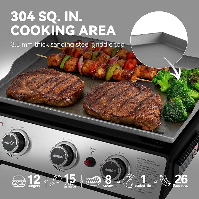 Royal Gourmet PD1301S Portable 3-Burner Tabletop Gas Griddle | 25,500 BTU Cooking Power, 304 Sq. In. Cooking Surface | Ideal for Camping & Tailgating, Black & Silver