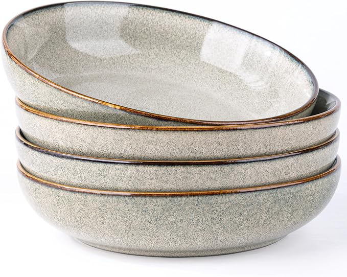 AmorArc 8.5’’ Ceramic Pasta Bowls Set of 4, 36oz Large Stoneware Bowls Set | Large Dinner Serving Bowls Set, Wide Bowl Plate for Pasta,Salad, Soup, Microwave Safe, Reactive Glaze-Green Wheat