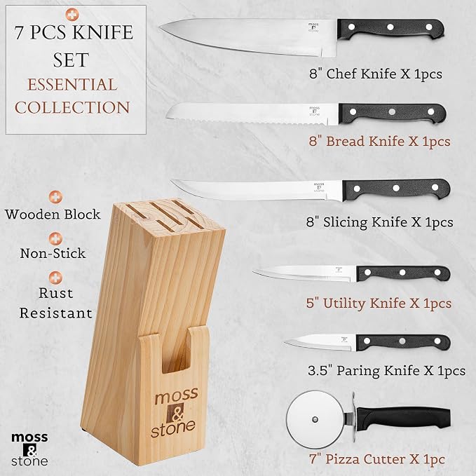 Moss & Stone 7 Pcs Small Kitchen Knife Set with Block, Stainless Steel | Premium forged kitchen knives with high-carbon sharp blades, ergonomic handle, rust-resistant knife block set for home & chef