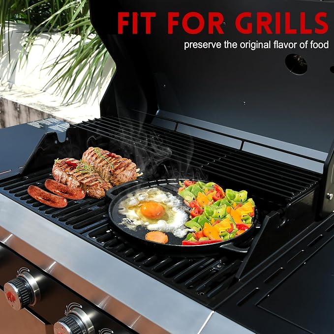 GGC Reversible Cast Iron Griddle for Stove Top, 12" Round Griddle Pan | Double Sided Griddle Plate Perfect for Gas Grills and Outdoor Cooking, Baking Flat and Ribbed Grill Griddle
